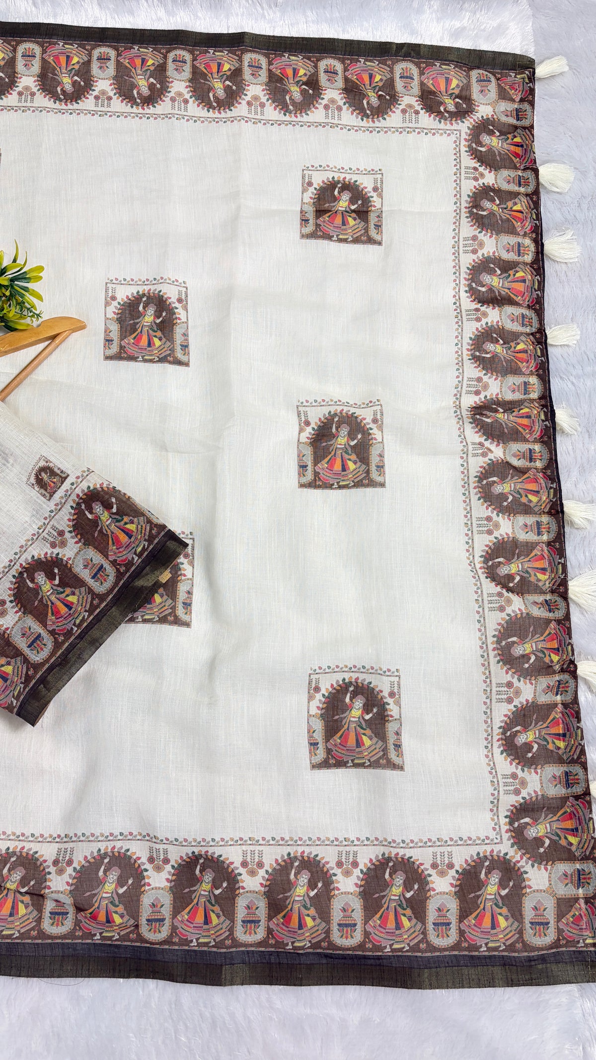 Cotton Linen Navratri Special Cream color Printed Saree
