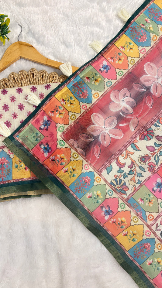 Cotton Linen Multi Color Heavy Printed Saree