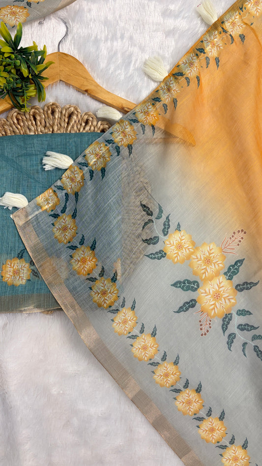 Cotton Linen Shaded Sky blue plus Yellow Color Flower Printed Saree