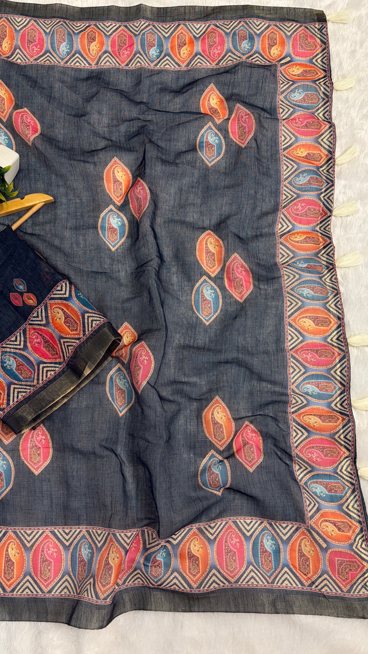 Cotton Linen Dark Blue Color with Abstract Printed Saree