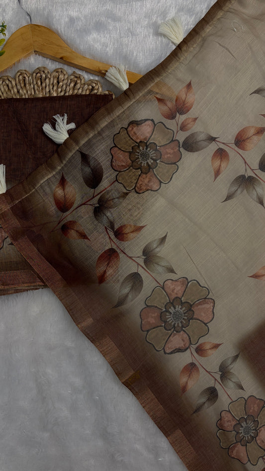 Cotton Linen Coffee Brown with Beige Pallu Flower Printed Saree