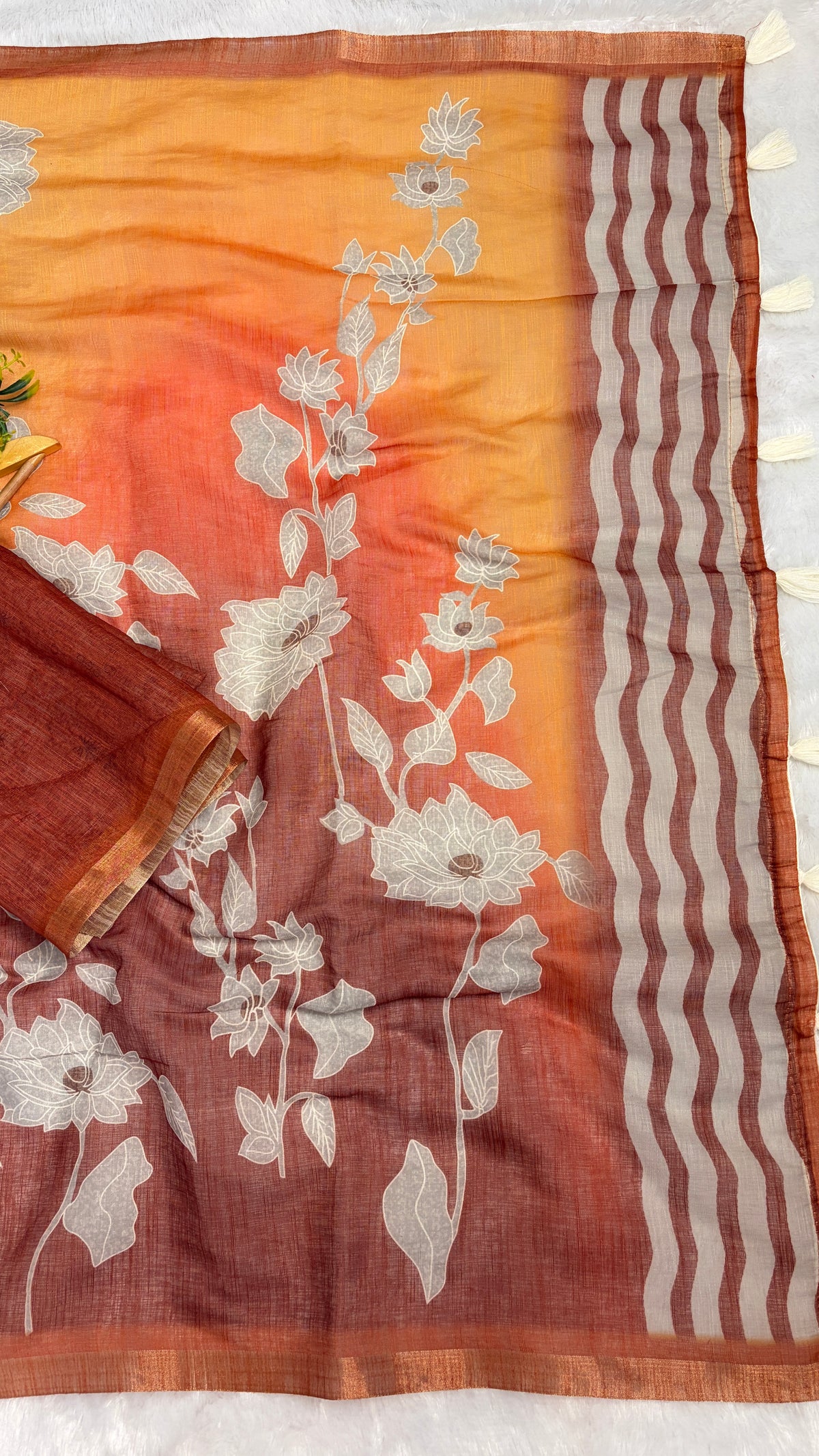 Cotton Linen Orange with Yellow Dual Color with Flower Print Saree