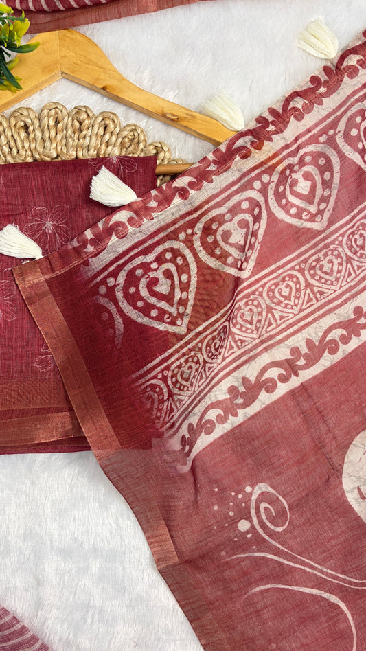 Cotton Linen Dusty Pink Color With Abstract Print Saree