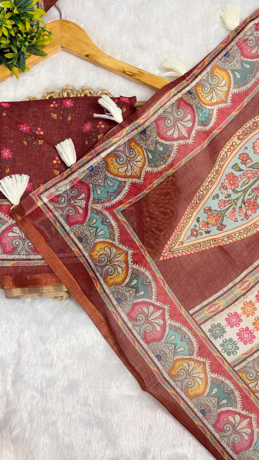 Cotton Linen Multicoloured Royal Heavy Printed Saree