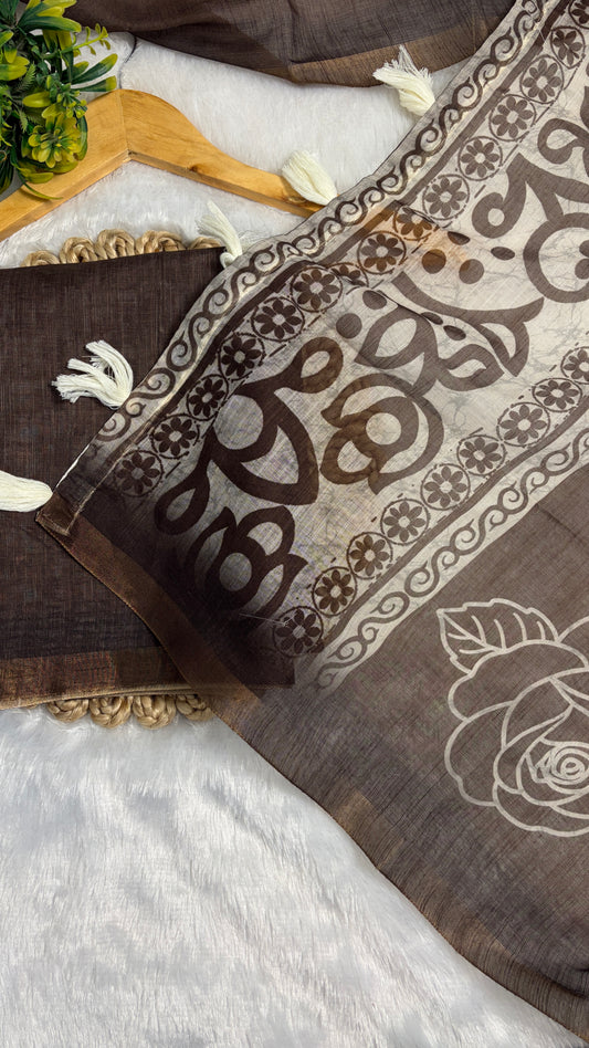 Cotton Linen Brown with Mehendi Tone Color Flower Print Sareeļæ¼