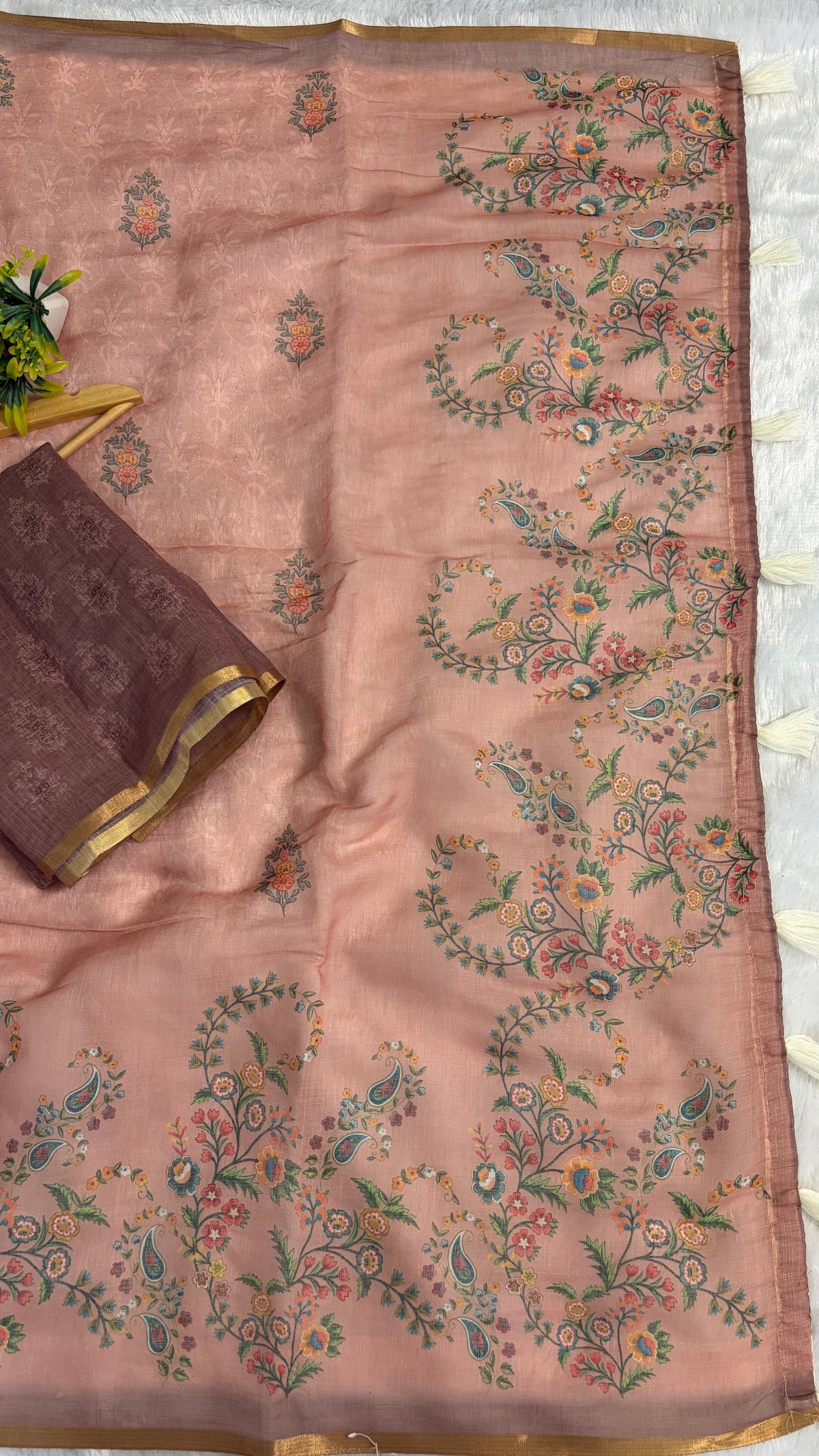 Cotton Linen Light Peach Color Saree with Flower Print