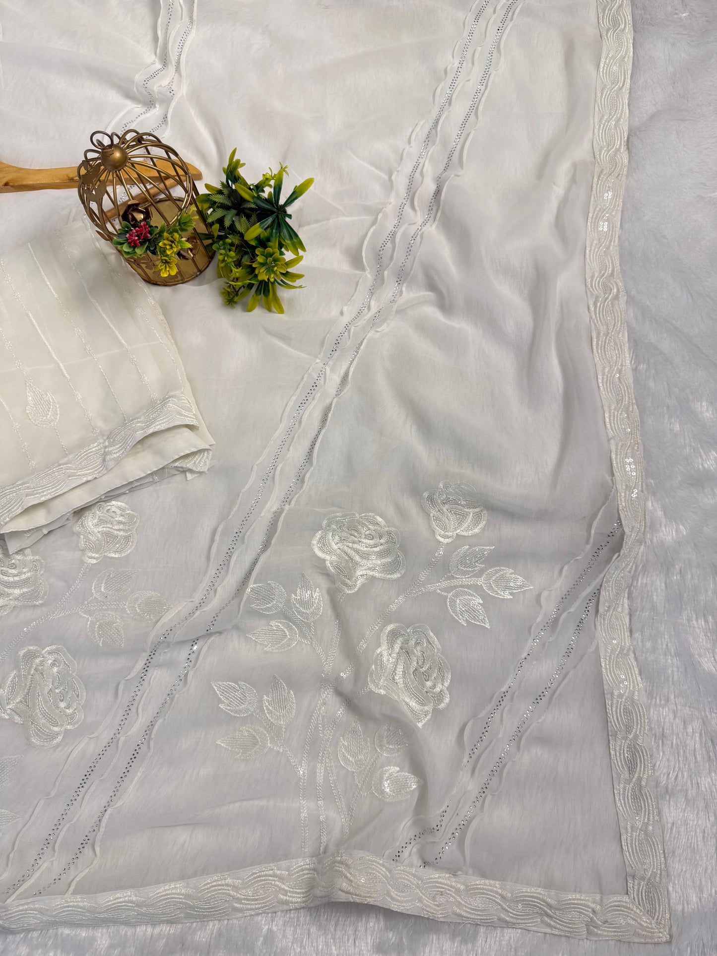 Gorgeous Diamond and Thread work with Sequence flower Saree