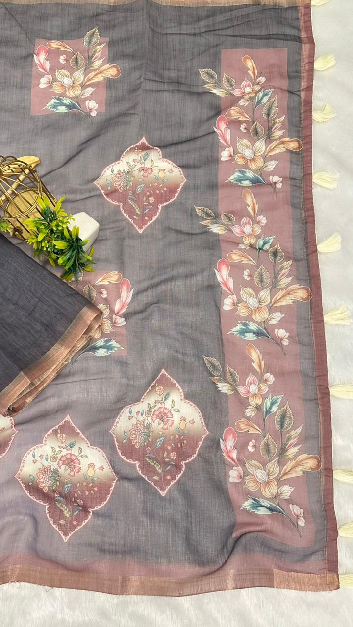 Cotton Linen Flower Dual Print Saree