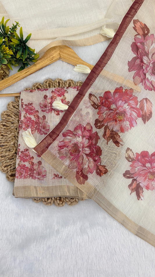 Cotton Linen Flower Print Saree