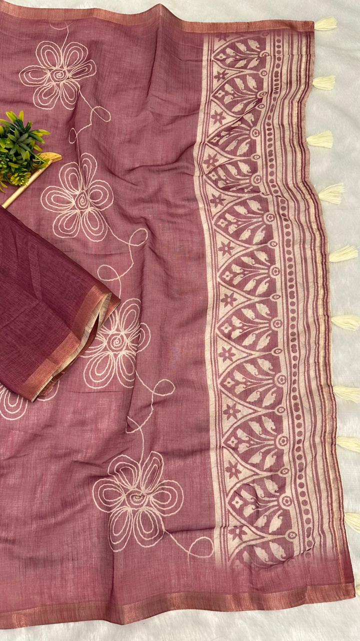 Cotton Linen Flower Print Saree