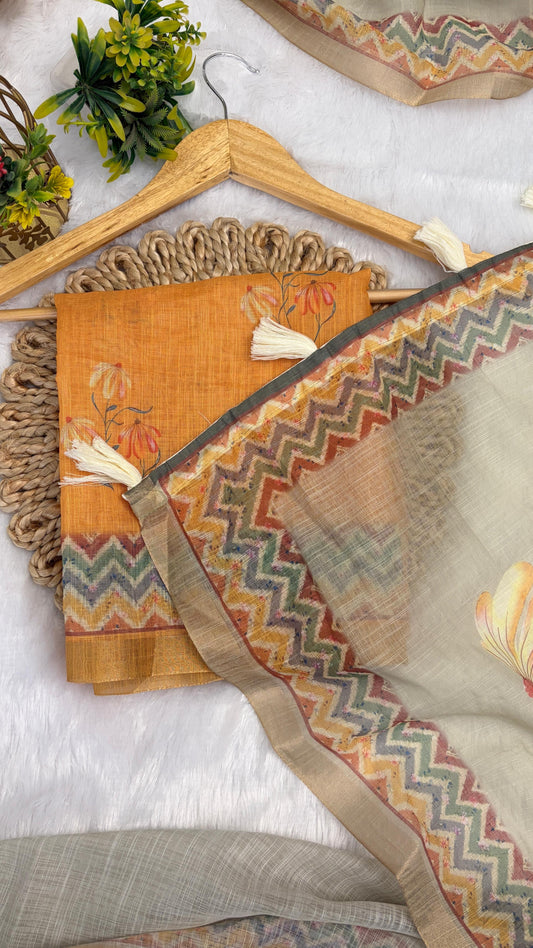 Cotton Linen Multi Color Flower Print Saree
