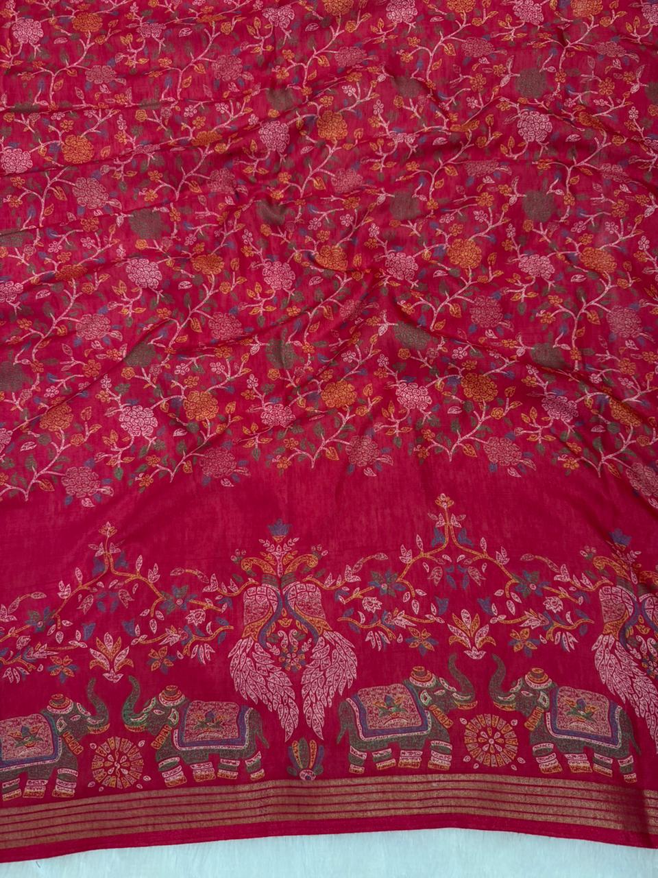 Mulmul Cotton Saree With Beautiful Peacock and Elephant Design
