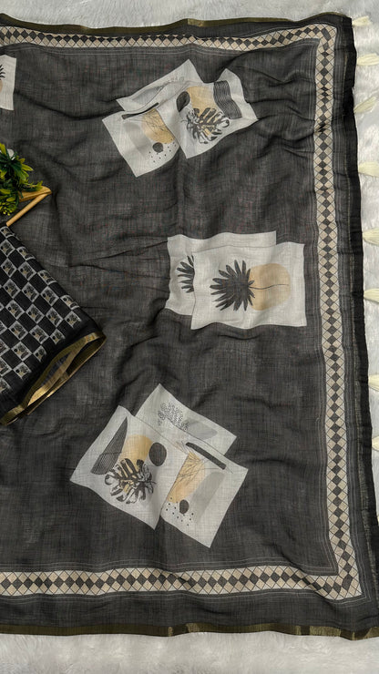 Cotton Linen Dark Black Color with abstract printed saree