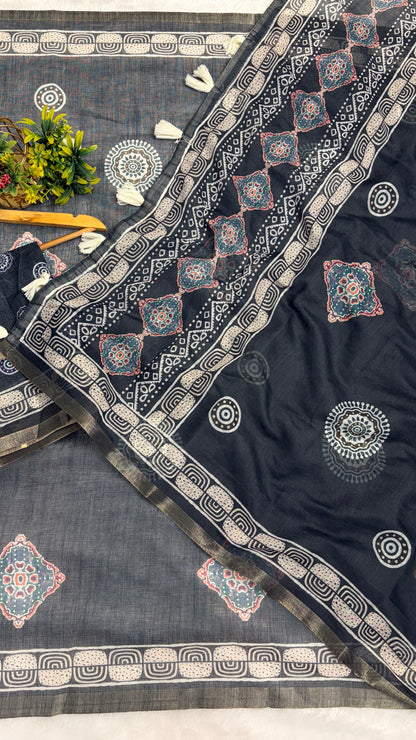 Cotton Linen Grey With Blue Tone Abstract Print Saree