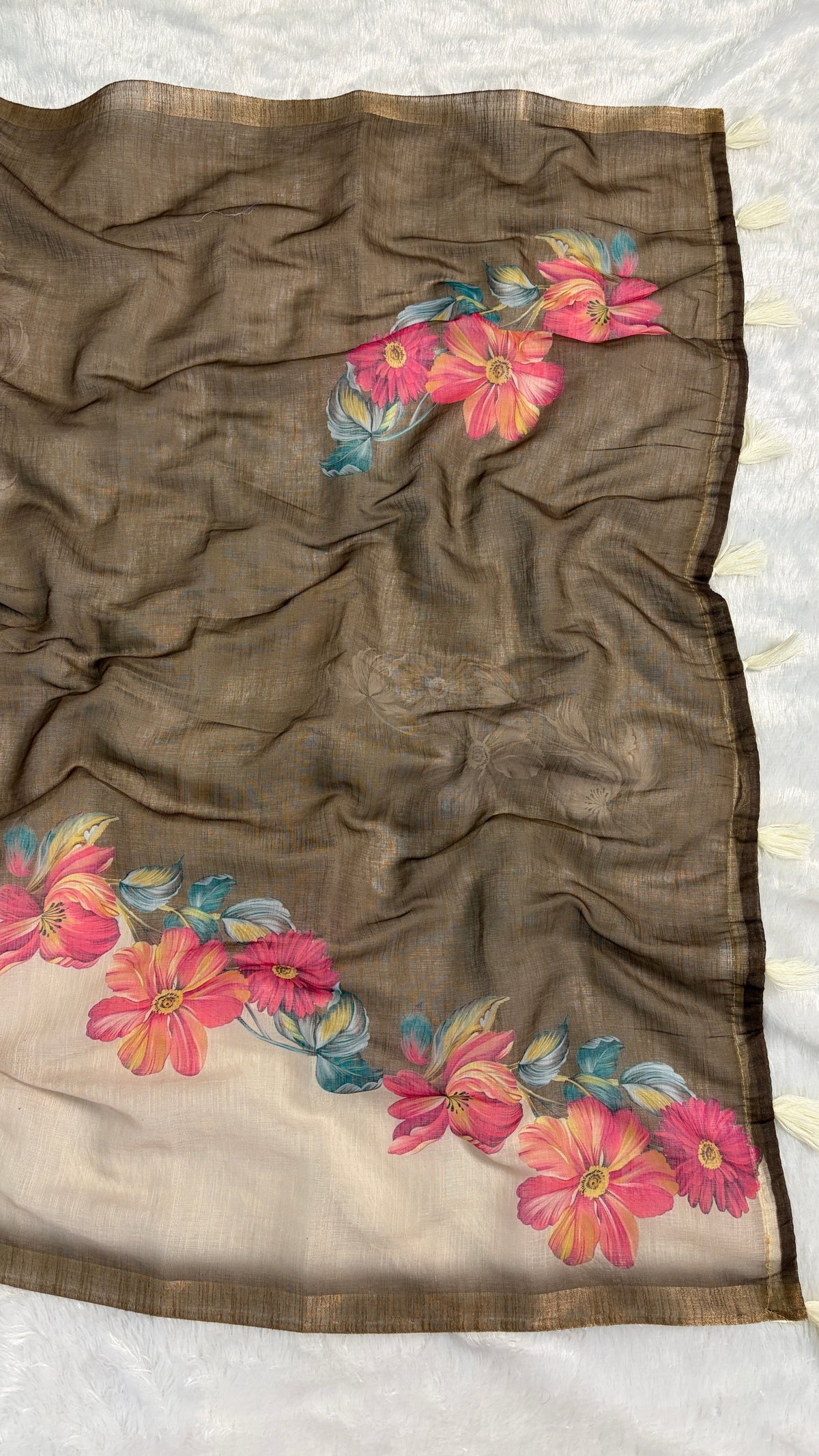 Cotton Linen Beige plus Mahendi Colour flower Print Saree