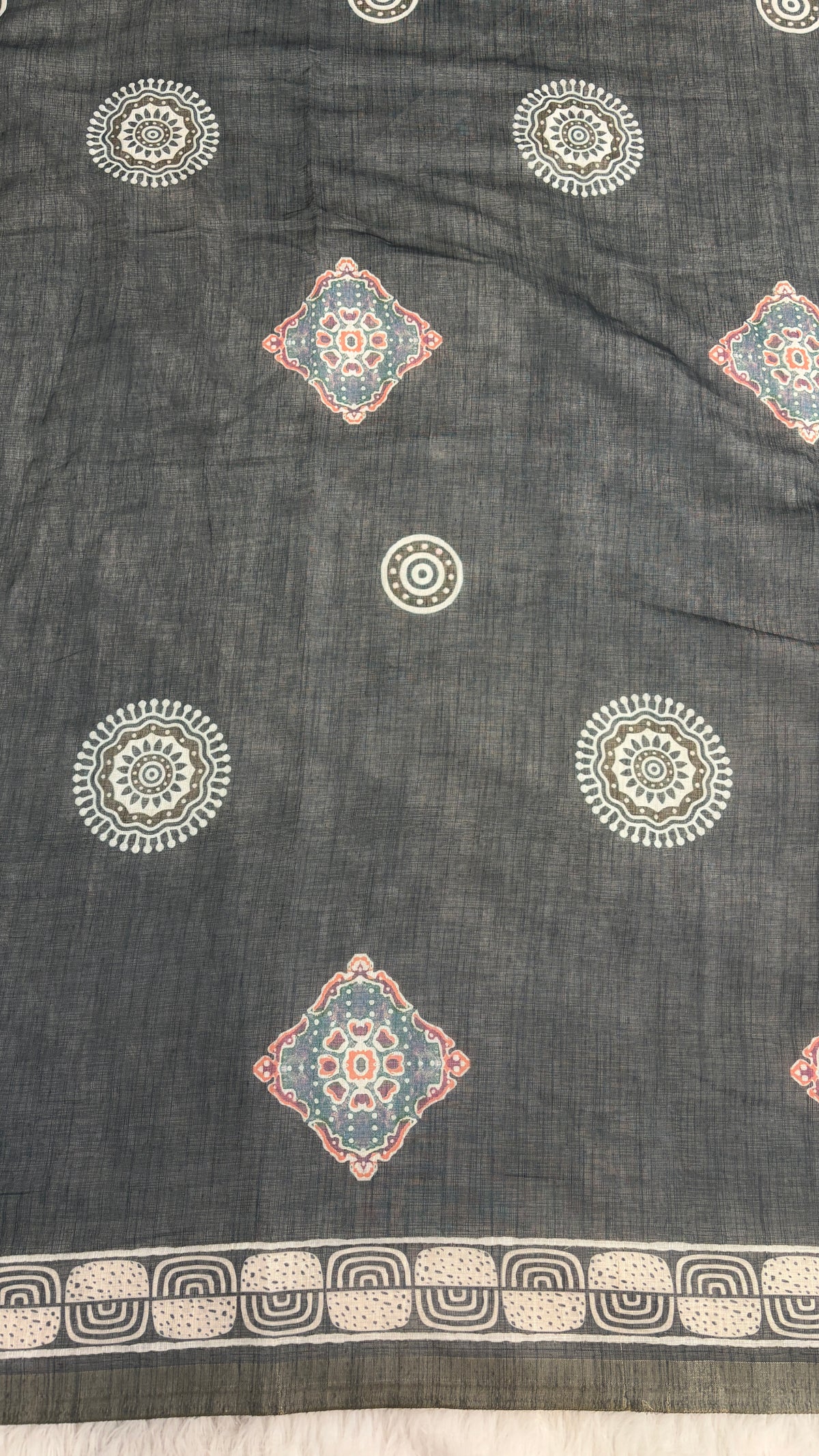 Cotton Linen Grey With Blue Tone Abstract Print Saree