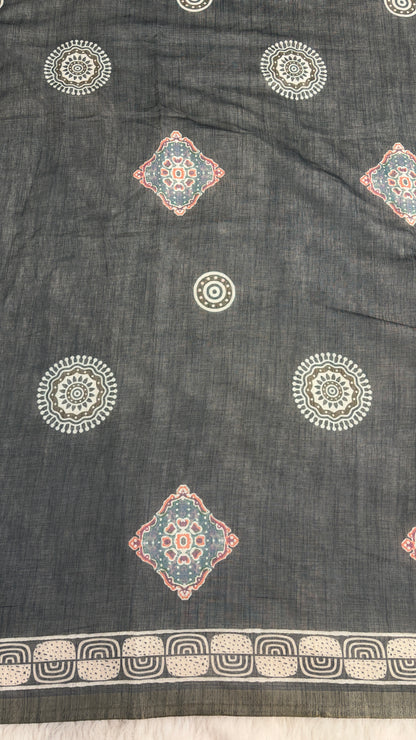 Cotton Linen Grey With Blue Tone Abstract Print Saree