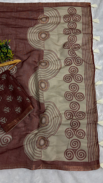 Cotton Linen Maroon with Rust Tone Abstract Prints Saree