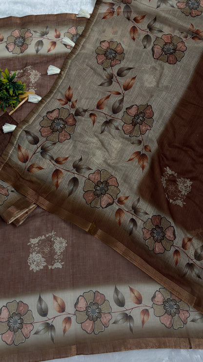 Cotton Linen Coffee Brown with Beige Pallu Flower Printed Saree