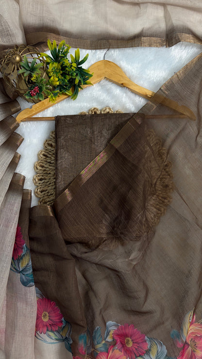 Cotton Linen Beige plus Mahendi Colour flower Print Saree