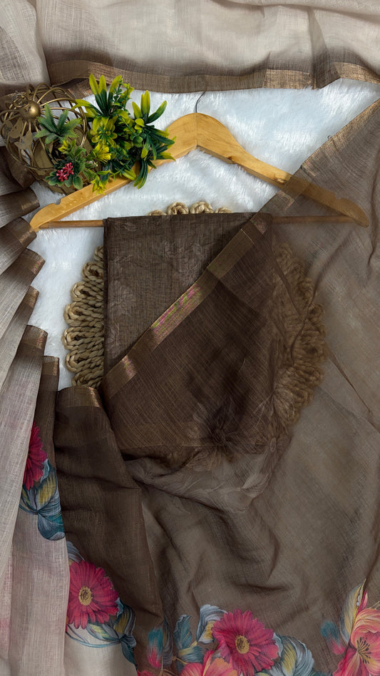 Cotton Linen Beige plus Mahendi Colour flower Print Saree