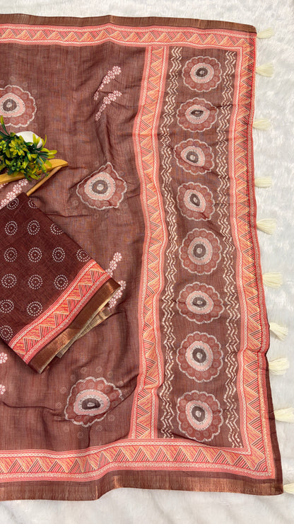 Cotton Linen Rust Color Abstract Printed Saree