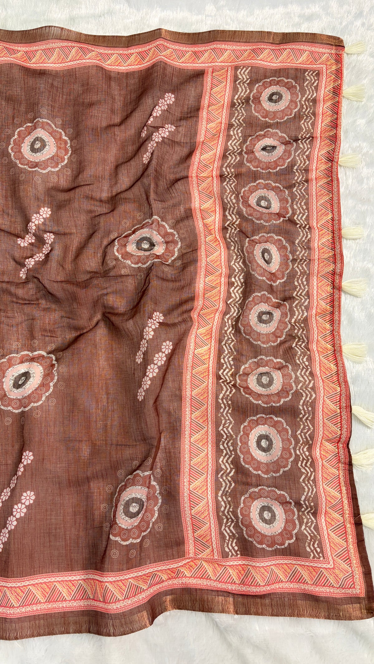 Cotton Linen Rust Color Abstract Printed Saree