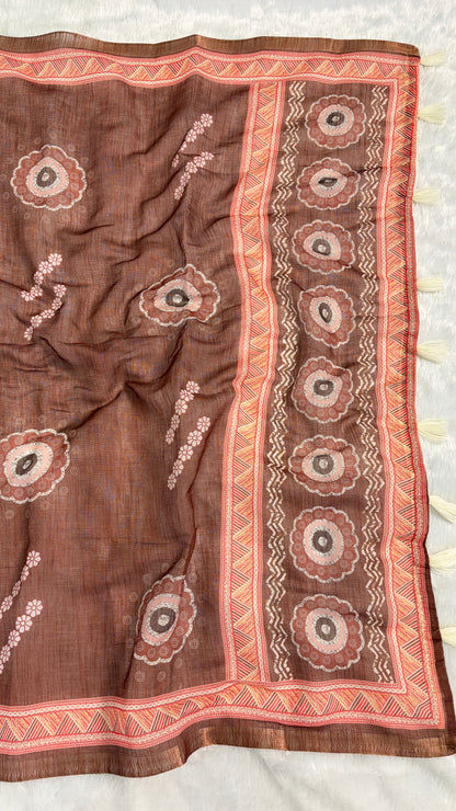 Cotton Linen Rust Color Abstract Printed Saree