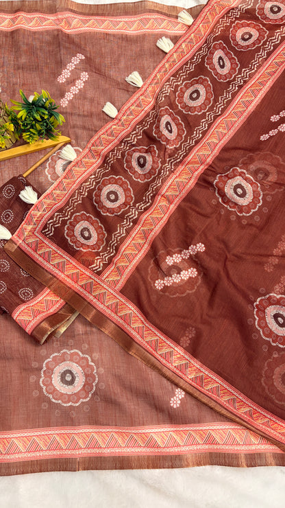 Cotton Linen Rust Color Abstract Printed Saree
