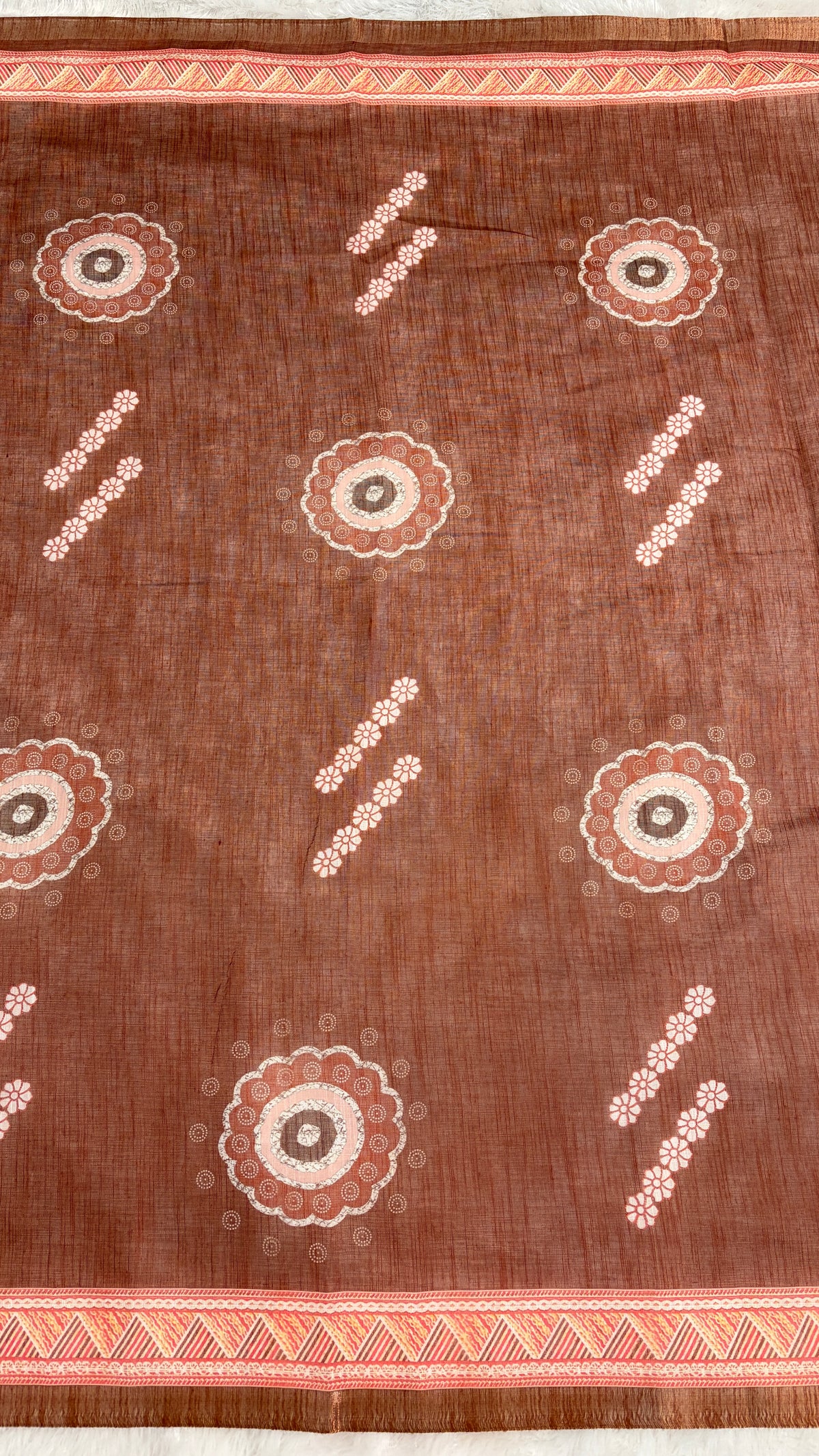 Cotton Linen Rust Color Abstract Printed Saree