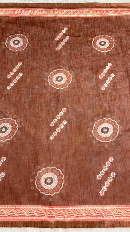 Cotton Linen Rust Color Abstract Printed Saree