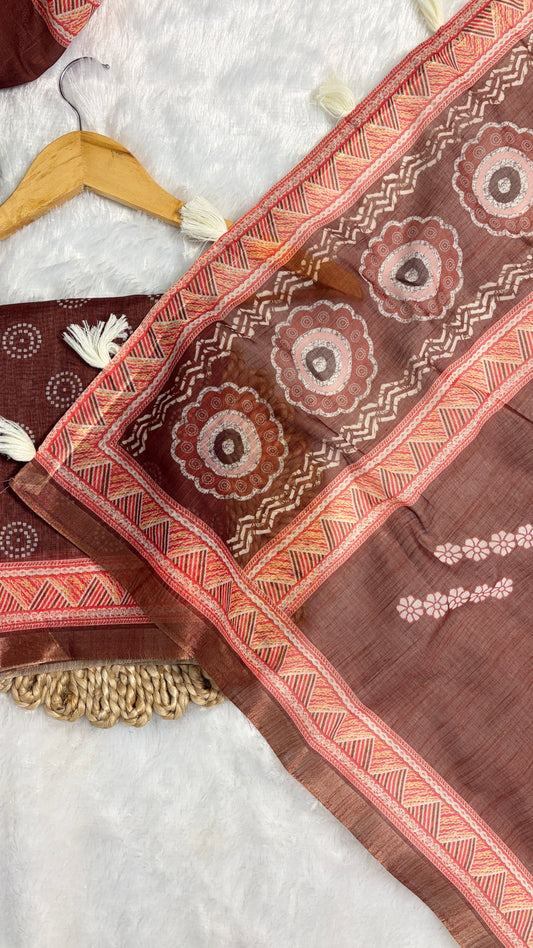 Cotton Linen Rust Color Abstract Printed Saree