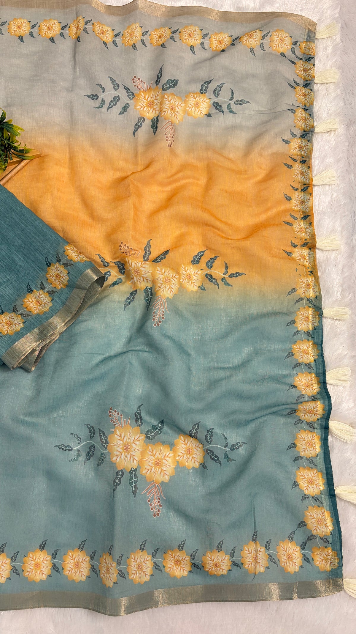 Cotton Linen Shaded Sky blue plus Yellow Color Flower Printed Saree
