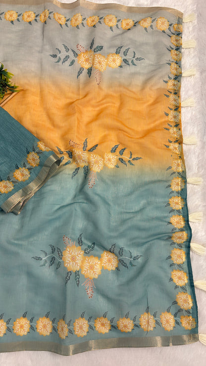 Cotton Linen Shaded Sky blue plus Yellow Color Flower Printed Saree