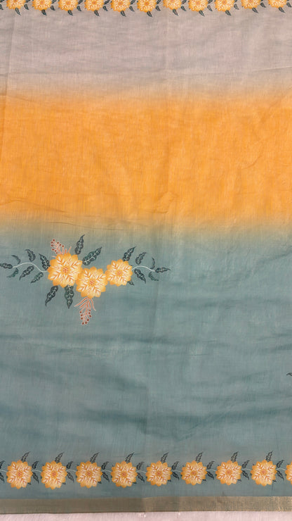 Cotton Linen Shaded Sky blue plus Yellow Color Flower Printed Saree