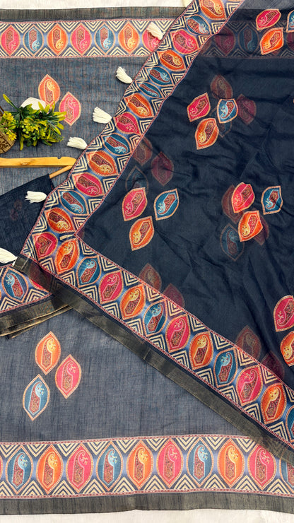 Cotton Linen Dark Blue Color with Abstract Printed Saree