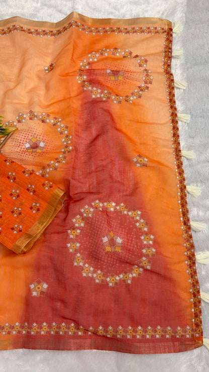Cotton Linen Orange With Red Dual Shade Color Printed Saree