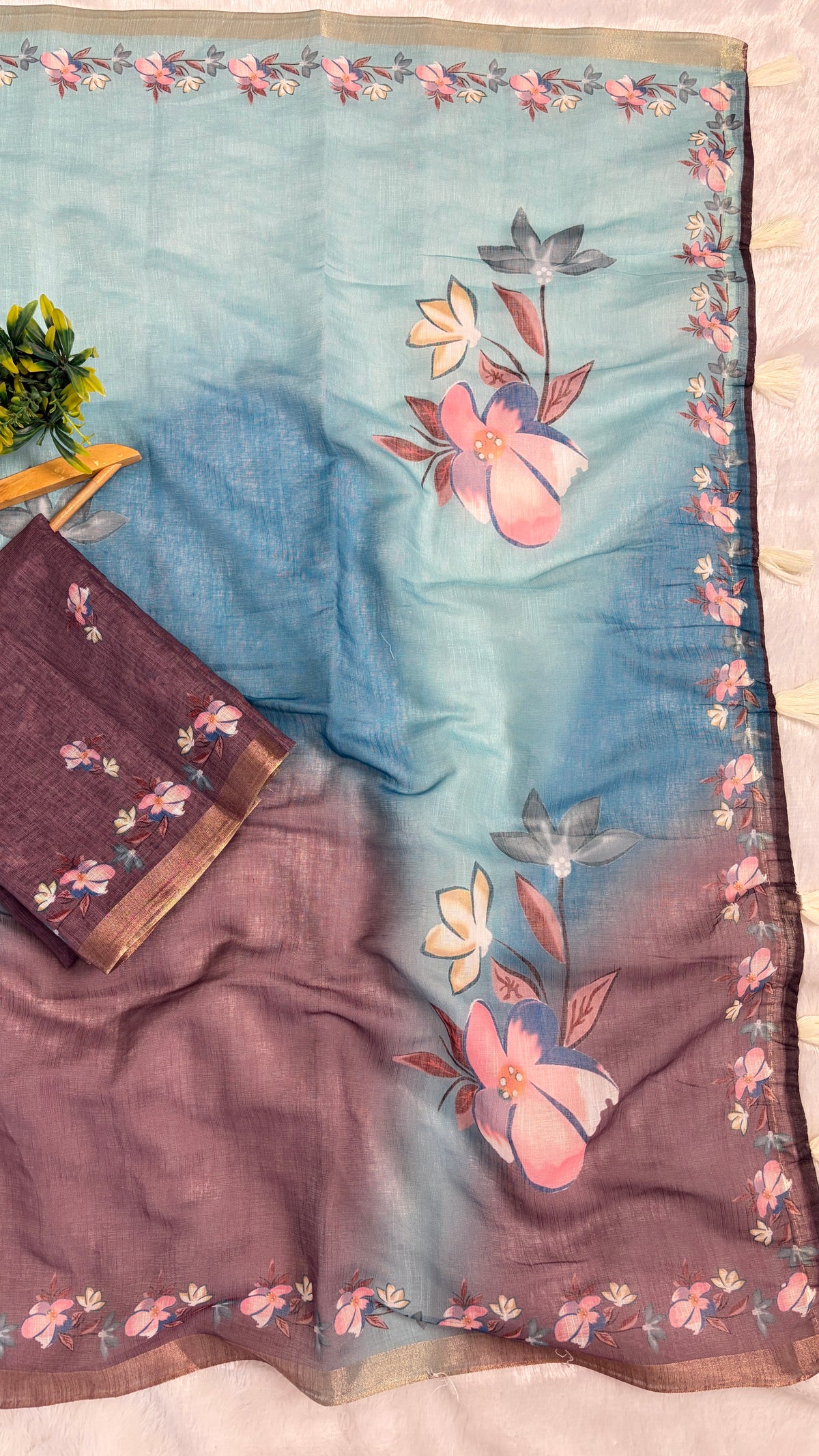 Cotton Linen Ocean Blue color Flower Print Saree