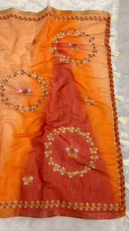 Cotton Linen Orange With Red Dual Shade Color Printed Saree
