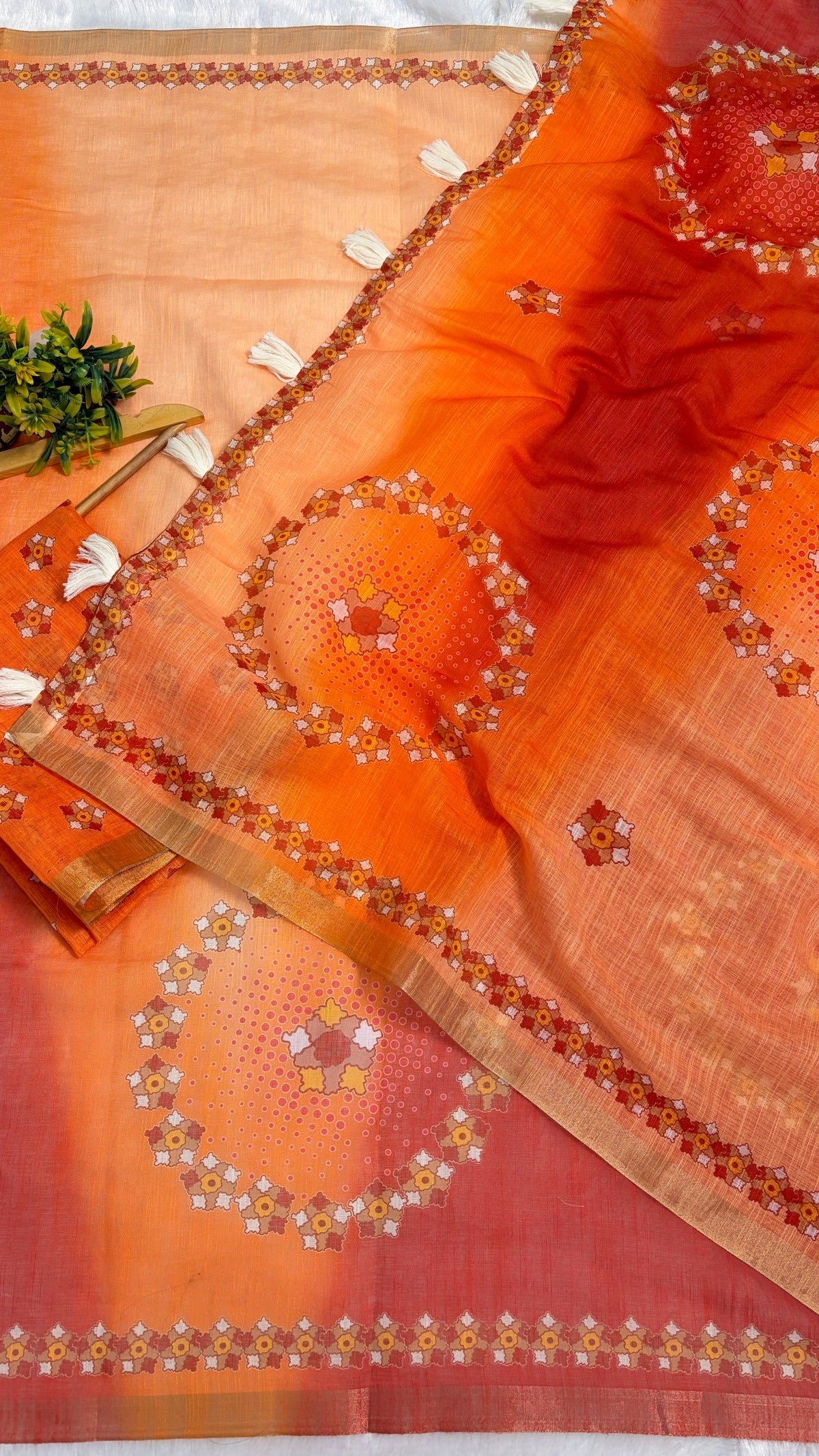 Cotton Linen Orange With Red Dual Shade Color Printed Saree