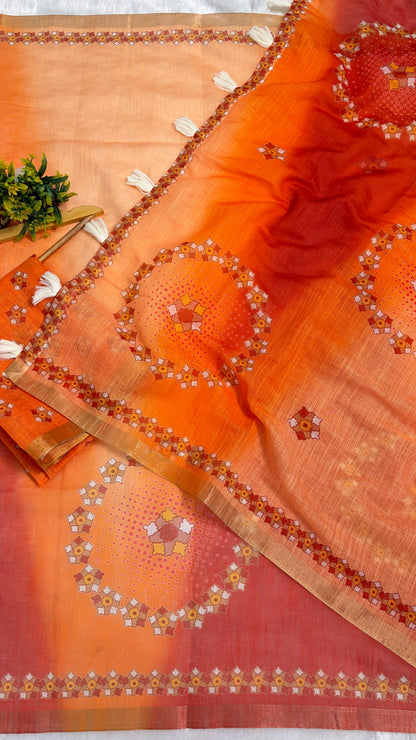 Cotton Linen Orange With Red Dual Shade Color Printed Saree