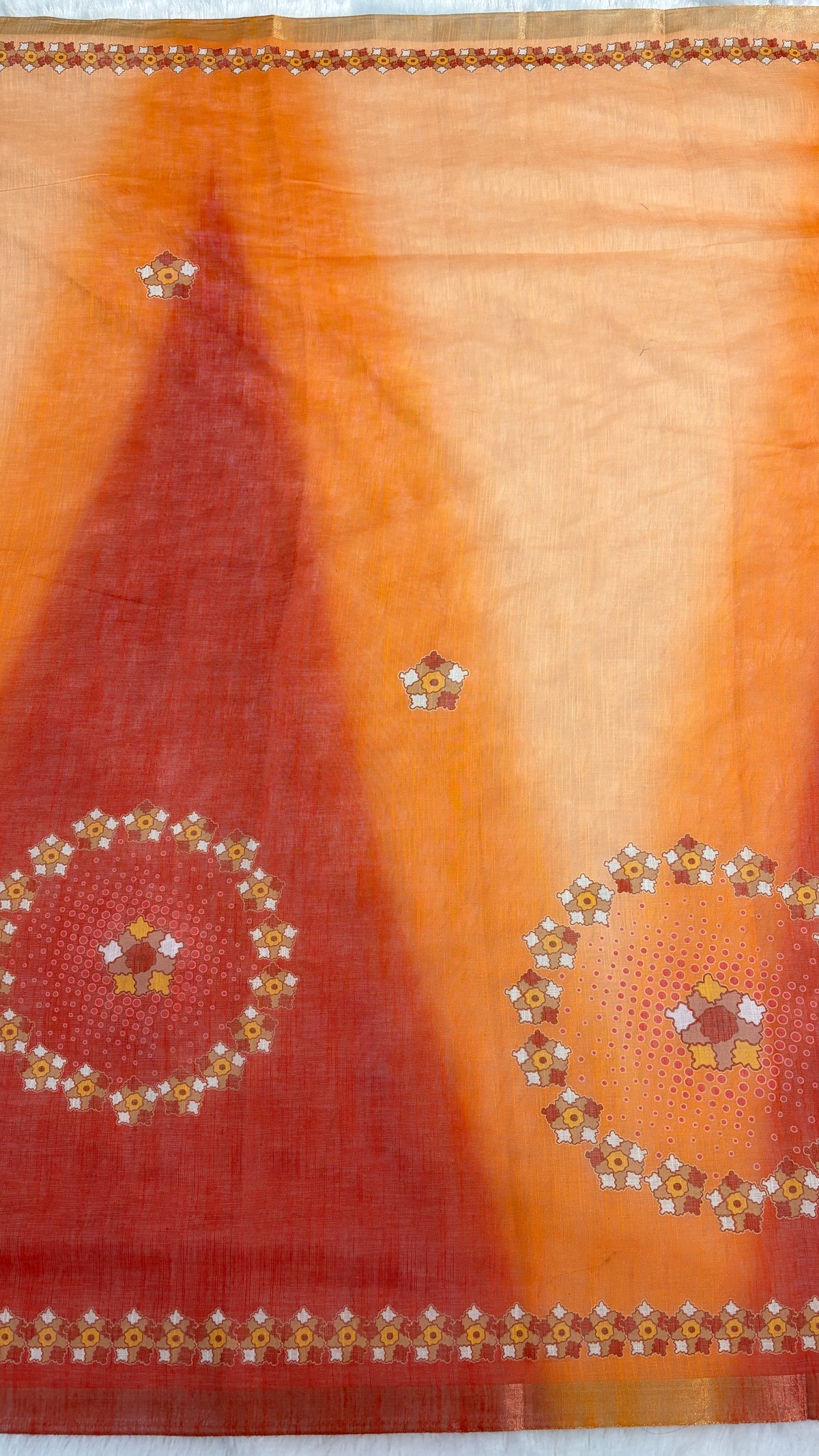 Cotton Linen Orange With Red Dual Shade Color Printed Saree