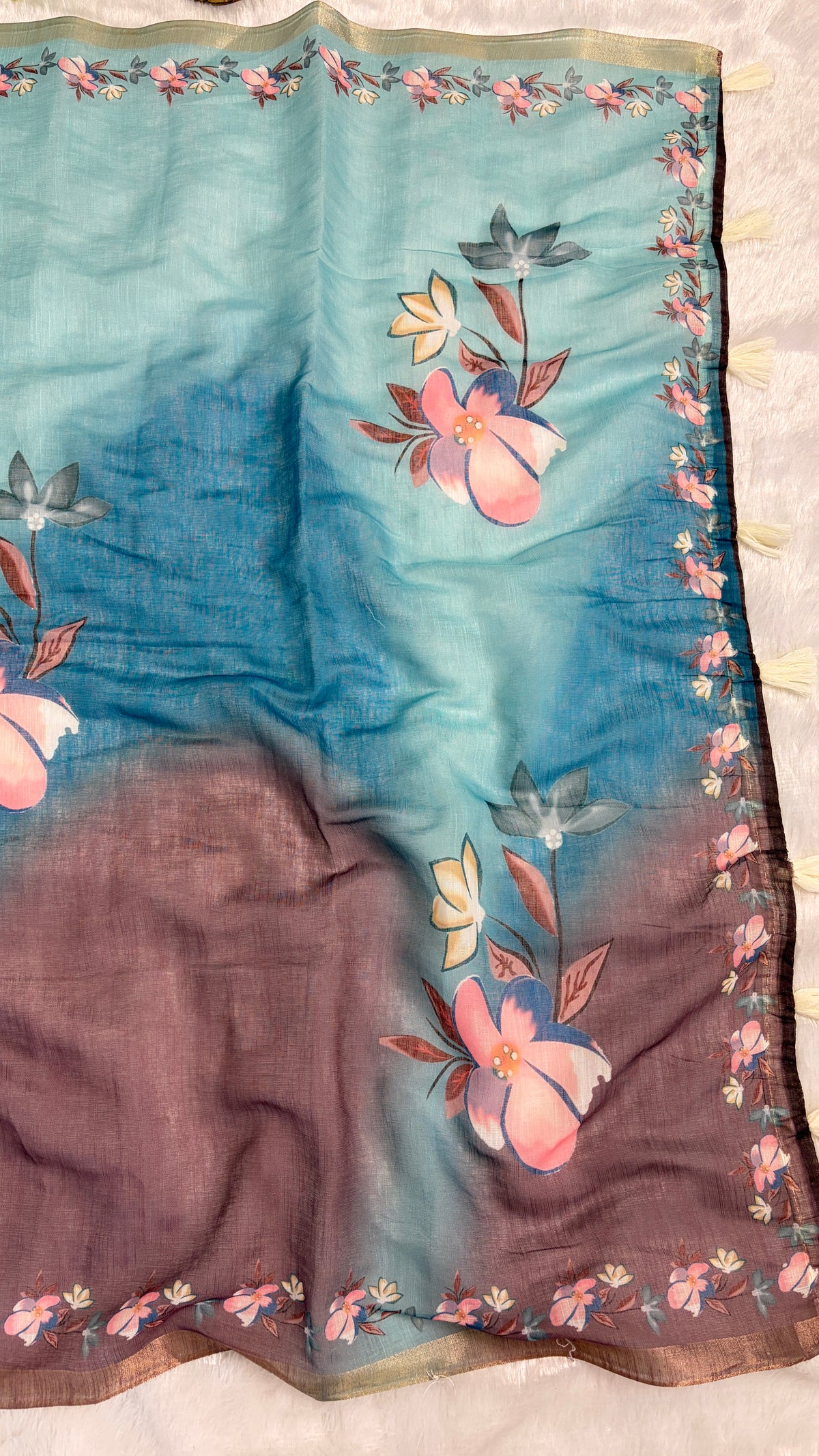 Cotton Linen Ocean Blue color Flower Print Saree