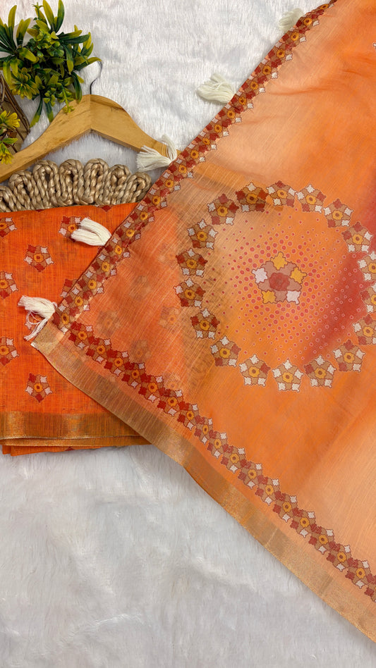 Cotton Linen Orange With Red Dual Shade Color Printed Saree