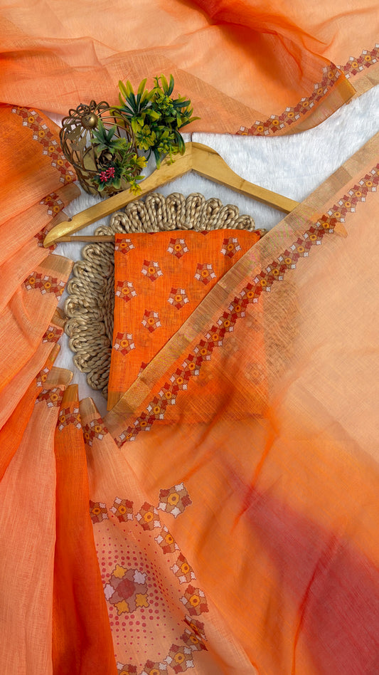 Cotton Linen Orange With Red Dual Shade Color Printed Saree