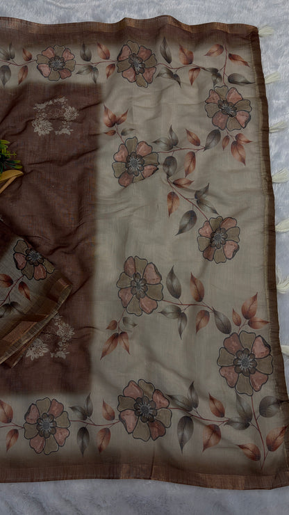 Cotton Linen Coffee Brown with Beige Pallu Flower Printed Saree