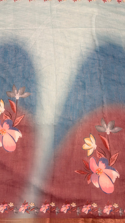 Cotton Linen Ocean Blue color Flower Print Saree
