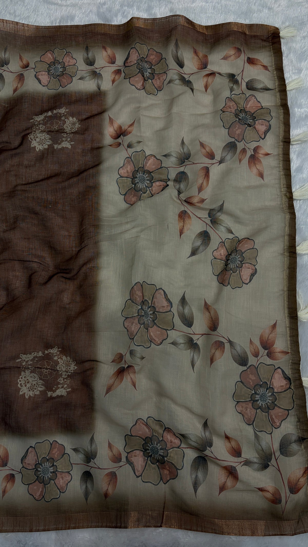 Cotton Linen Coffee Brown with Beige Pallu Flower Printed Saree