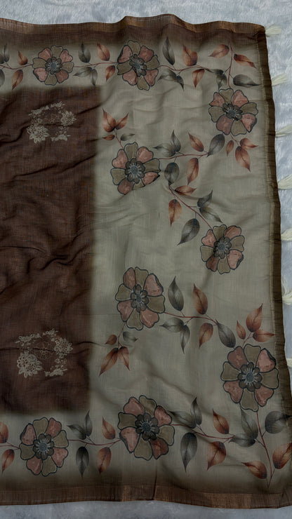Cotton Linen Coffee Brown with Beige Pallu Flower Printed Saree