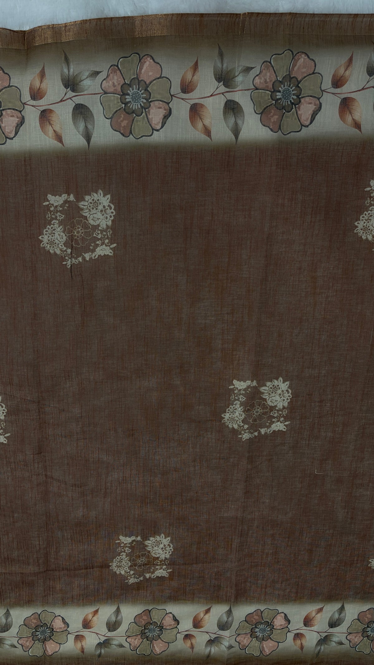 Cotton Linen Coffee Brown with Beige Pallu Flower Printed Saree